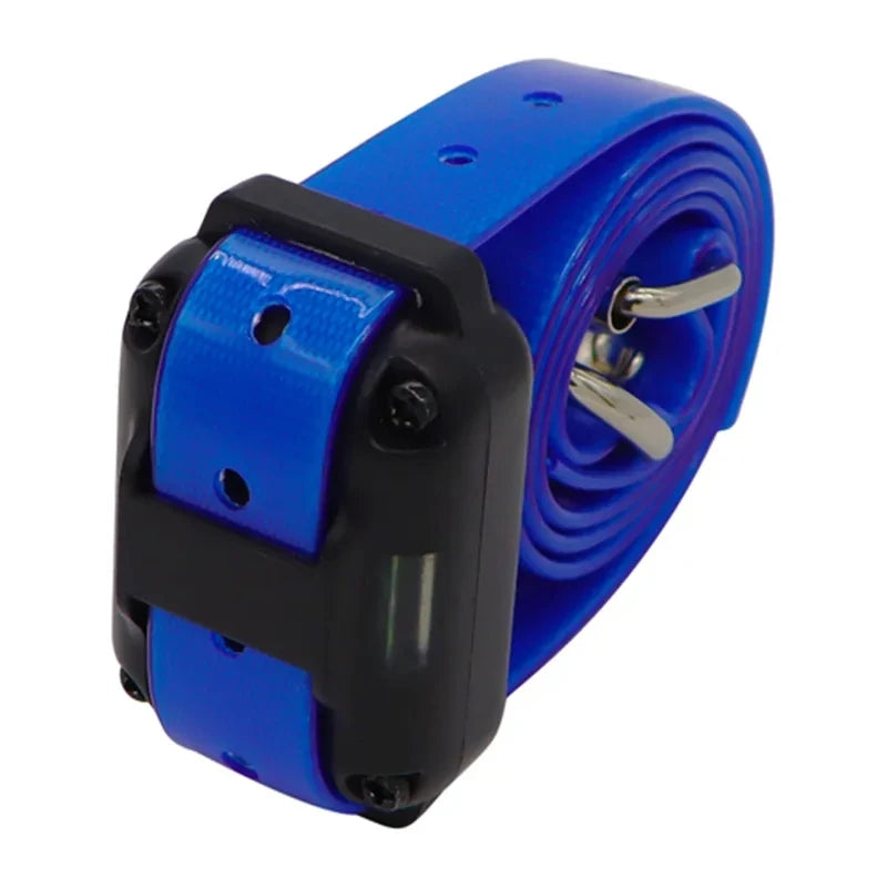 A blue and black electronic dog training collar with a flexible strap and metal components.