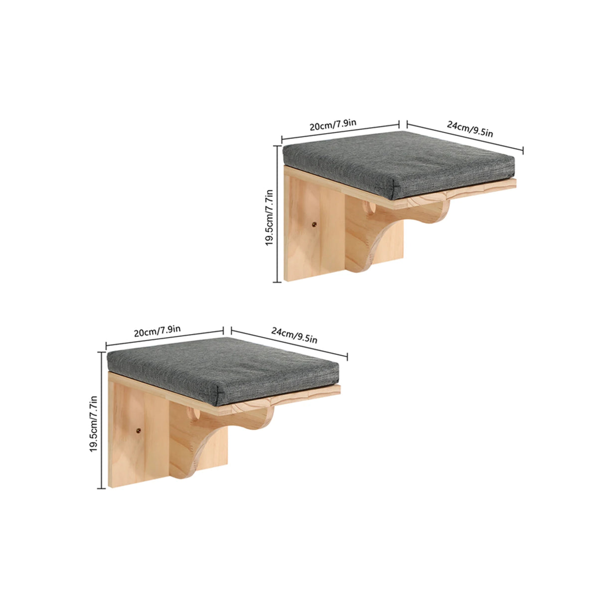 A wooden wall-mounted cat climbing tower with a gray padded platform, shown in side view.