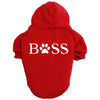A red fleece hoodie with a white paw print logo on the back.