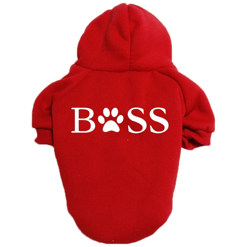 A red fleece hoodie with a white paw print logo on the back.
