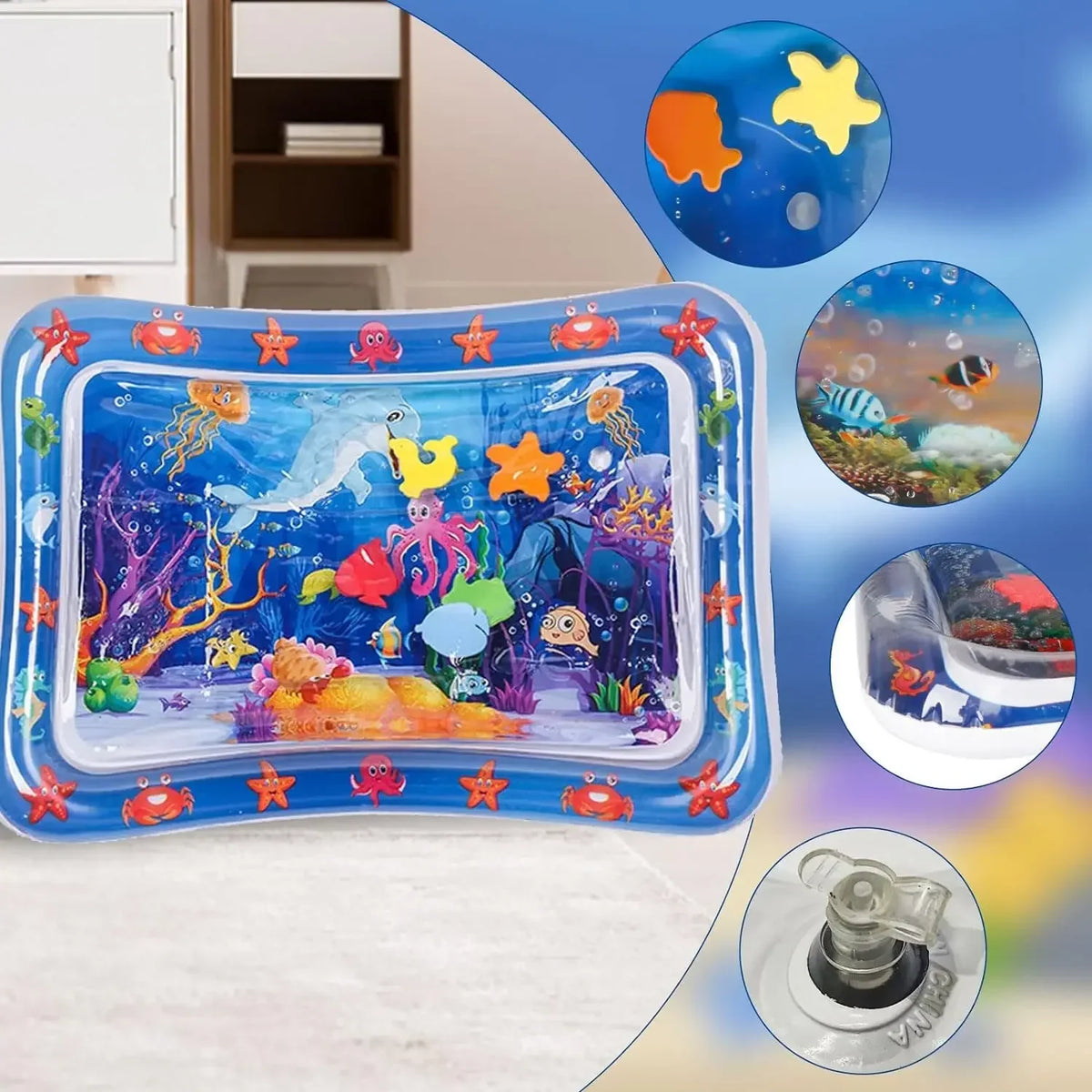 A blue inflatable water play mat featuring colorful aquatic scenes and various sea creatures for pets.