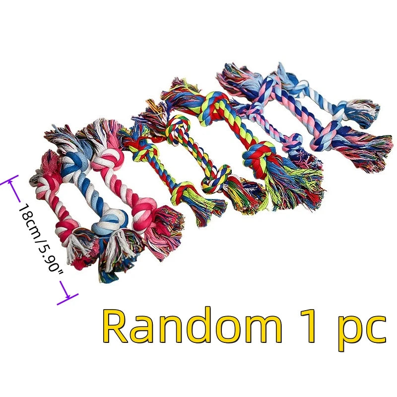 A bundle of colorful, animal-shaped squeaky dog toys with corduroy covers and braided cords.