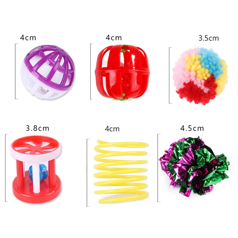 A set of interactive cat play toys including purple and red mouse balls and a fluffy feather wand.