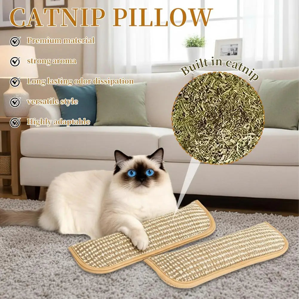 A fluffy cat is relaxing on a beige mat, with a catnip pillow and mats visible in the background.