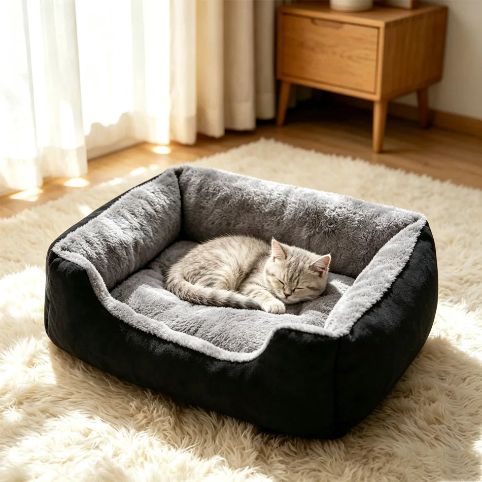 A black plush pet bed with a gray anti-slip cover is placed on a fluffy white rug next to a window.
