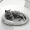 A gray cat is relaxing on a round, textured pet mat.