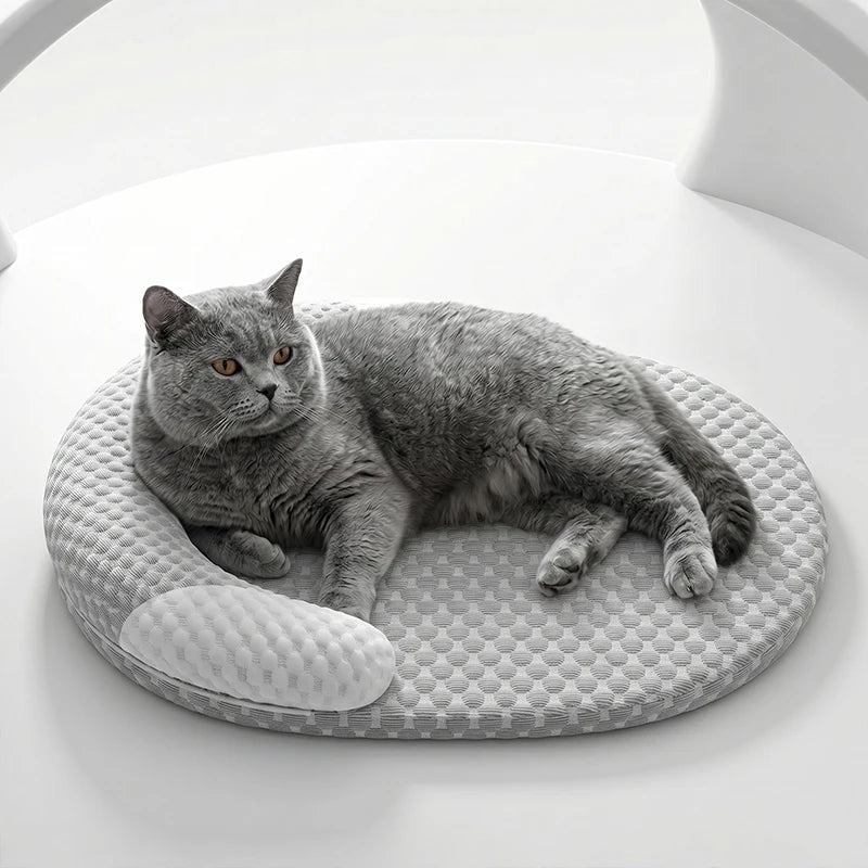 A gray cat is relaxing on a round, textured pet mat.