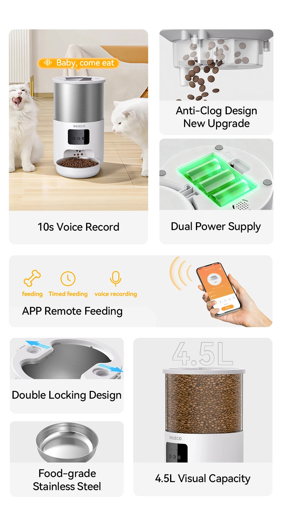A white automatic pet feeder with a stainless steel bowl, showing features like voice recording, dual power supply, and remot