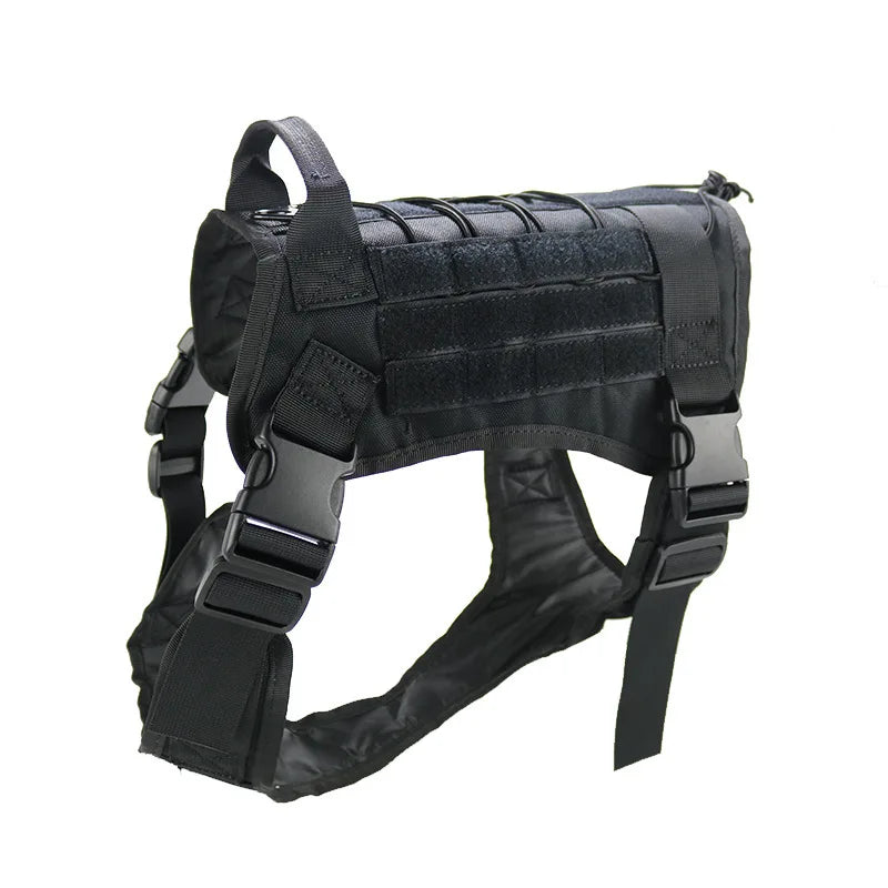 Black tactical dog harness with an adjustable vest for training