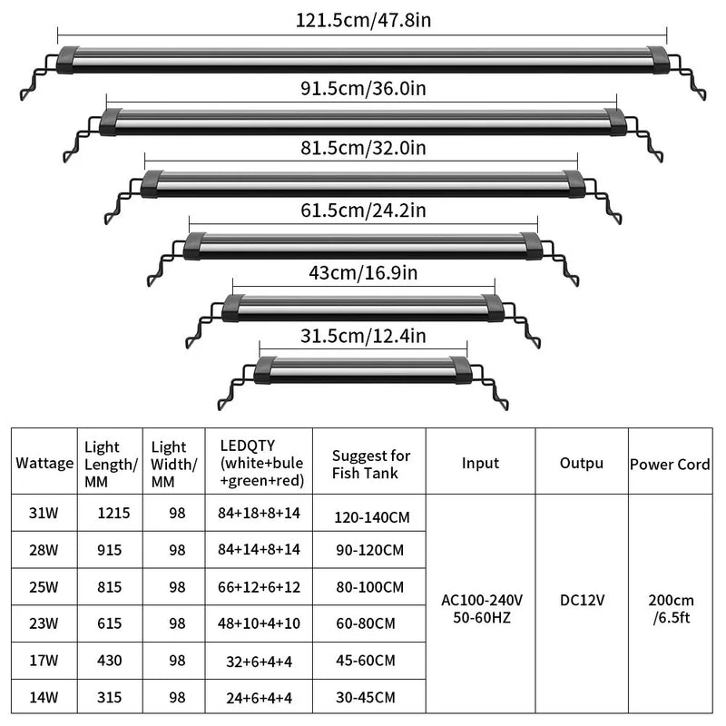 Ultra Slim Aquarium LED Light Clip Lamp RGB 31-120cm