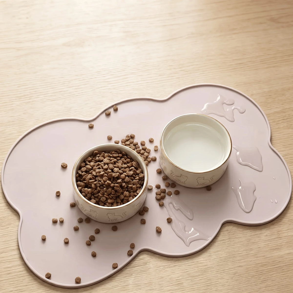 A pink silicone pet feeding mat with a raised edge holds a white bowl of dry pet food.