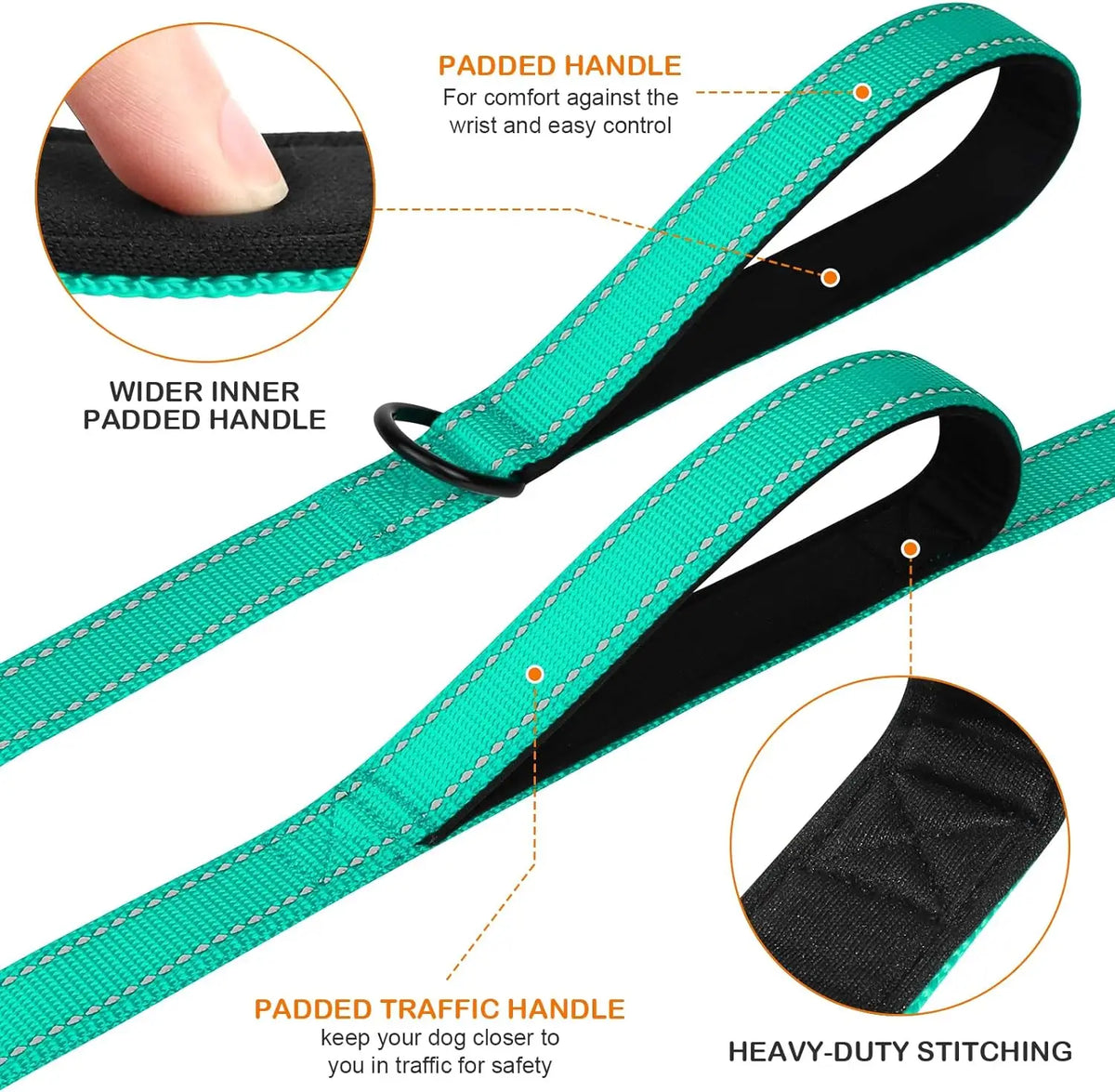 A close-up view of a teal and black heavy-duty dog leash showing padded handles for comfort and safety.