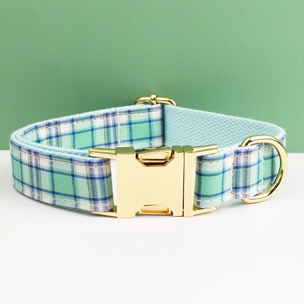A light green plaid dog collar with a gold buckle and adjustable strap is displayed on a white surface.