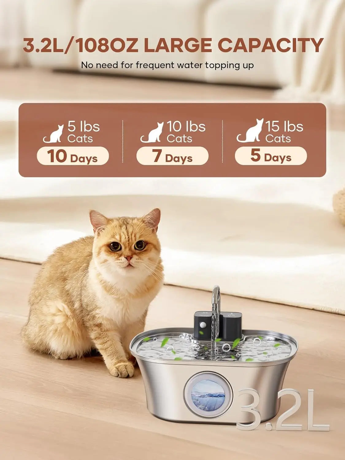 3.2L Stainless Steel Cat Water Fountain with Smart Sensor