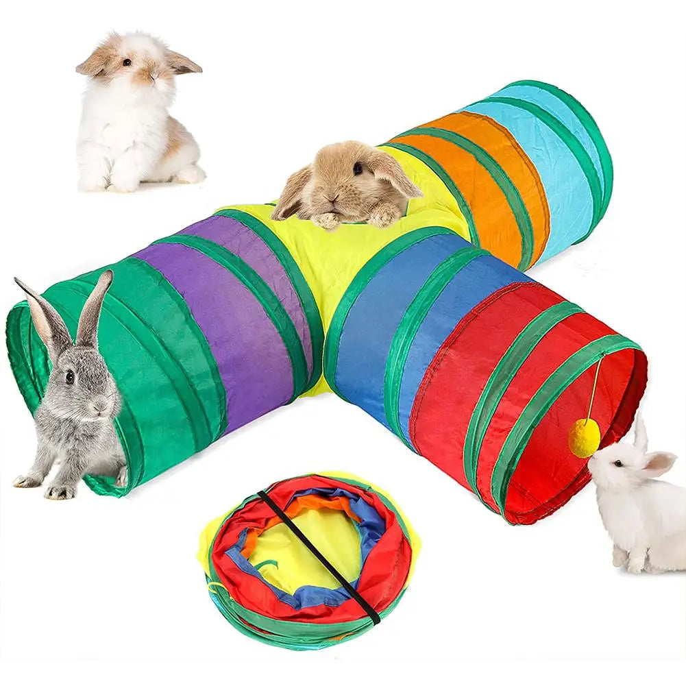 A colorful, cylindrical bunny tunnel and hideout for small pets, featuring various striped fabric tubes.