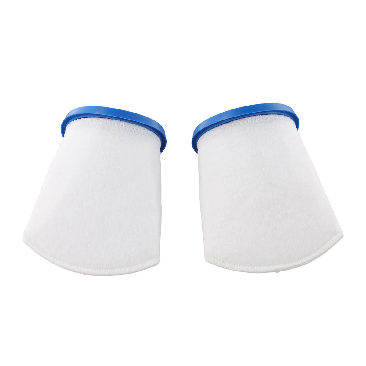A pair of white pool filter bags with blue rims for sand and silt removal.