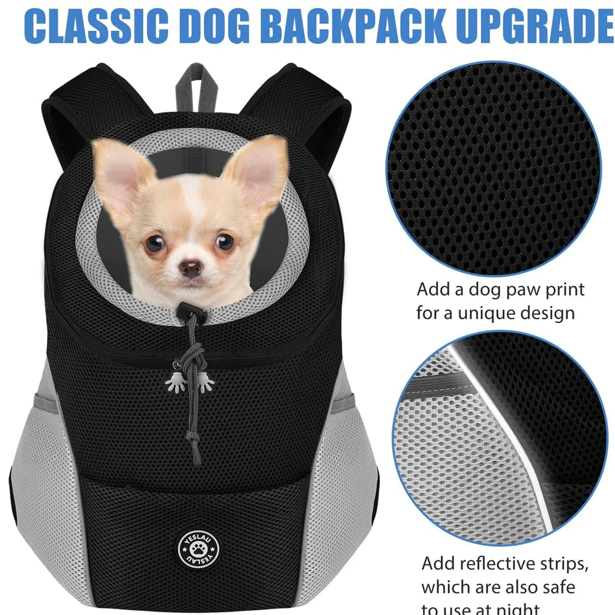 Schwarz-grauer Hundeträger mit Trage-Design und Augen- oder Pfotenspurenoption