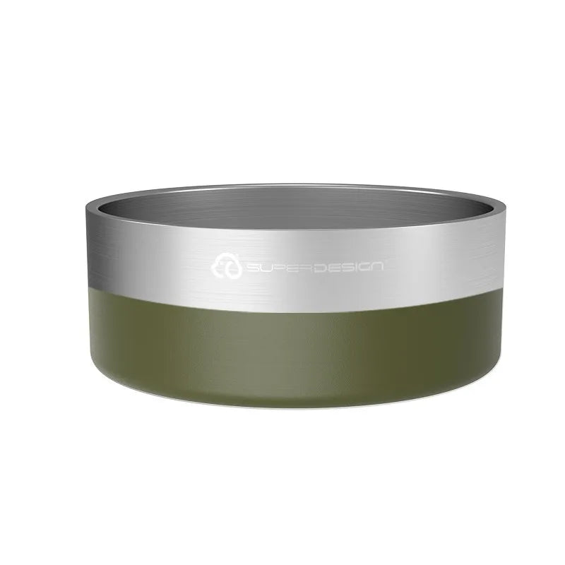 A stainless steel insulated dog bowl with a matte olive green base and silver rim.