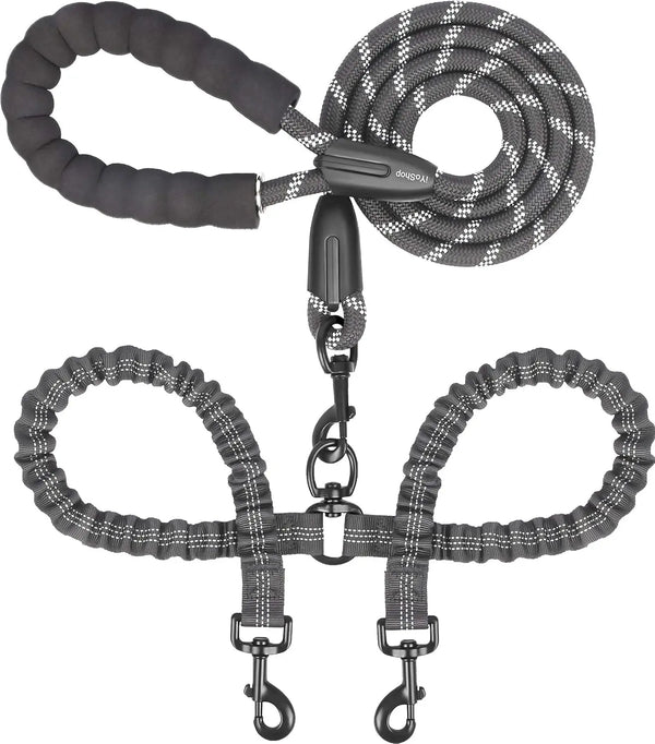 A black dual dog leash with shock absorbing bungee and metal clasps.