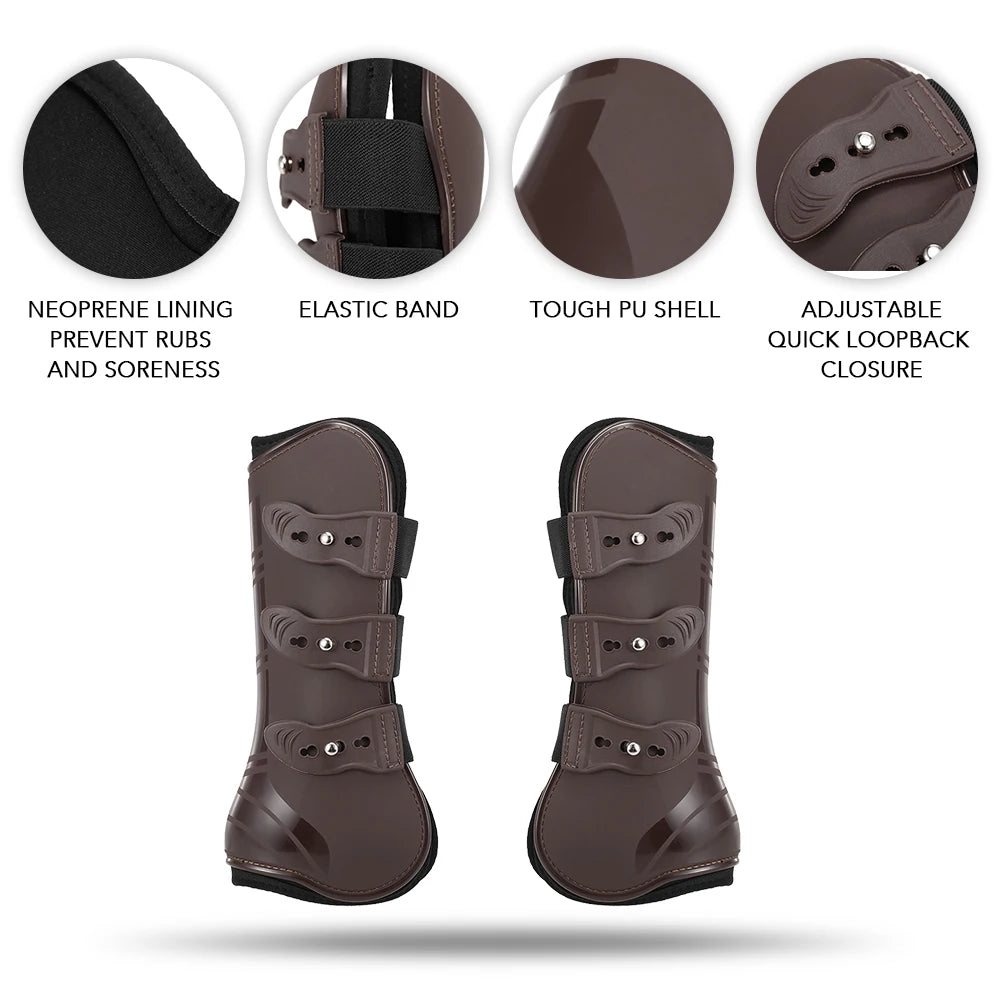 Une paire de bottes pour jambes de cheval marron réglables avec des bandes élastiques et une fermeture à boucle rapide.