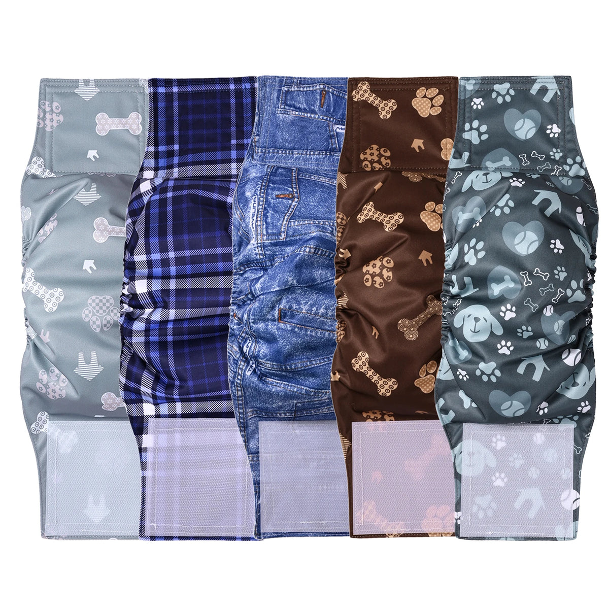 A set of reusable washable dog diaper wraps for male dogs featuring various patterns and colors.