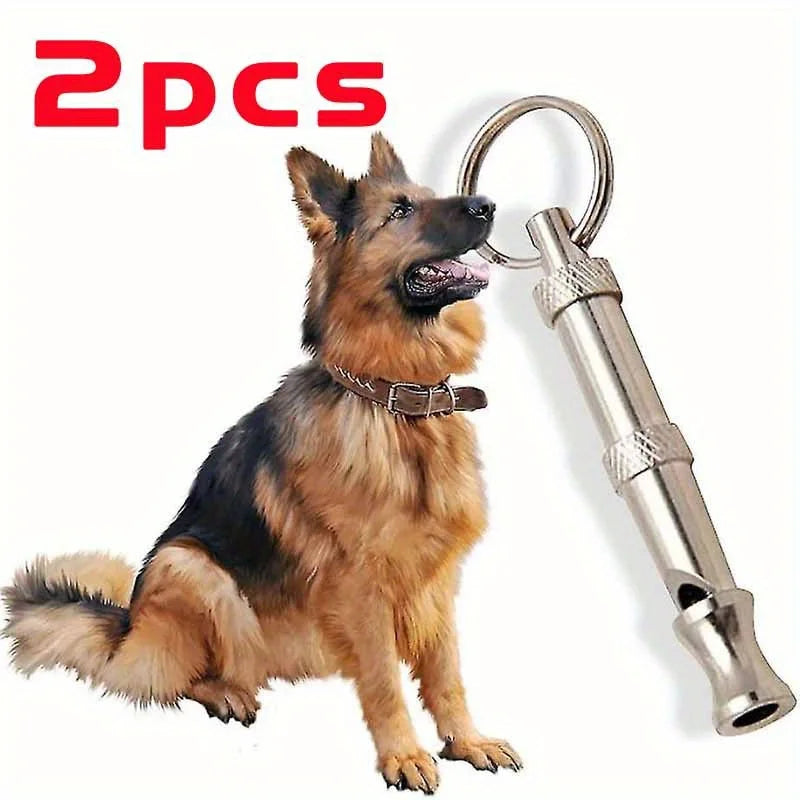 Two adjustable stainless steel dog whistles attached to a collar and chain.