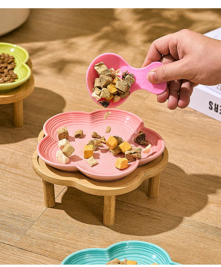 Ceramic Pet Bowl with Wood Stand – Elegant Bow Knot Design