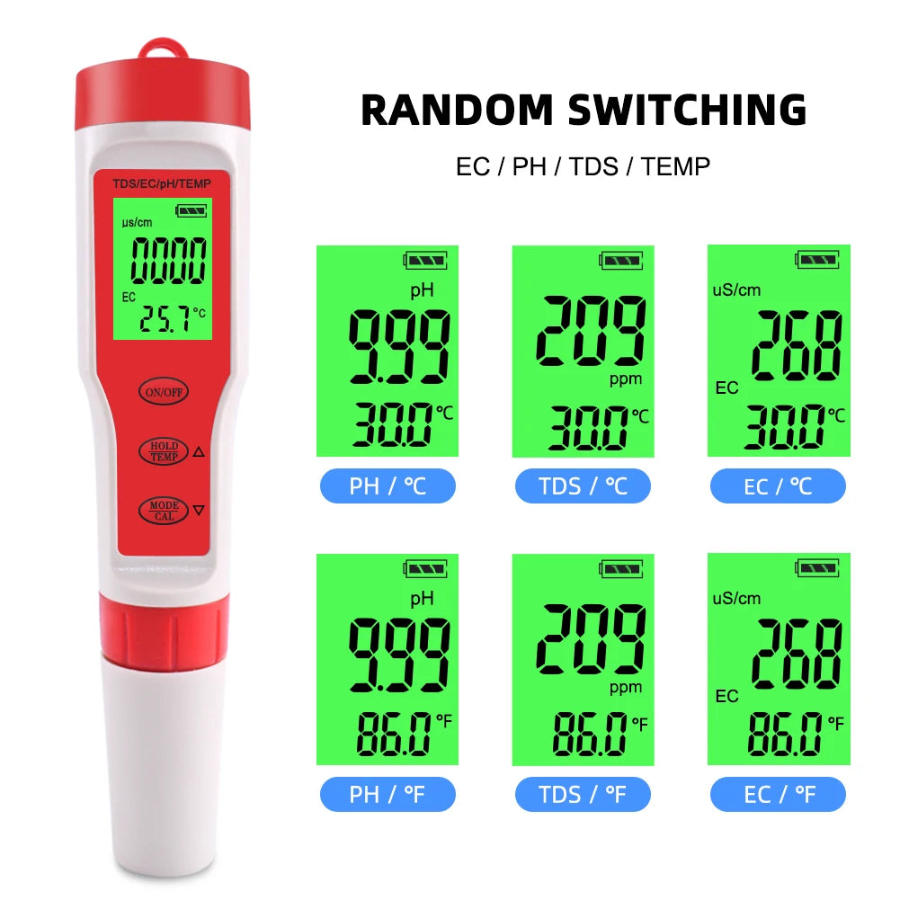 4-in-1 Digital Water Quality Tester for pH, TDS, EC, and Temperature