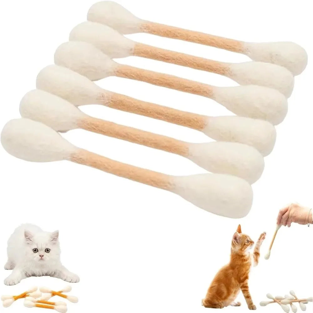 A pack of six felt cotton swab cat toys with white and tan colors, including a small kitten.
