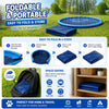 A blue inflatable dog splash pad with a sprinkler is set up on green grass for outdoor fun.