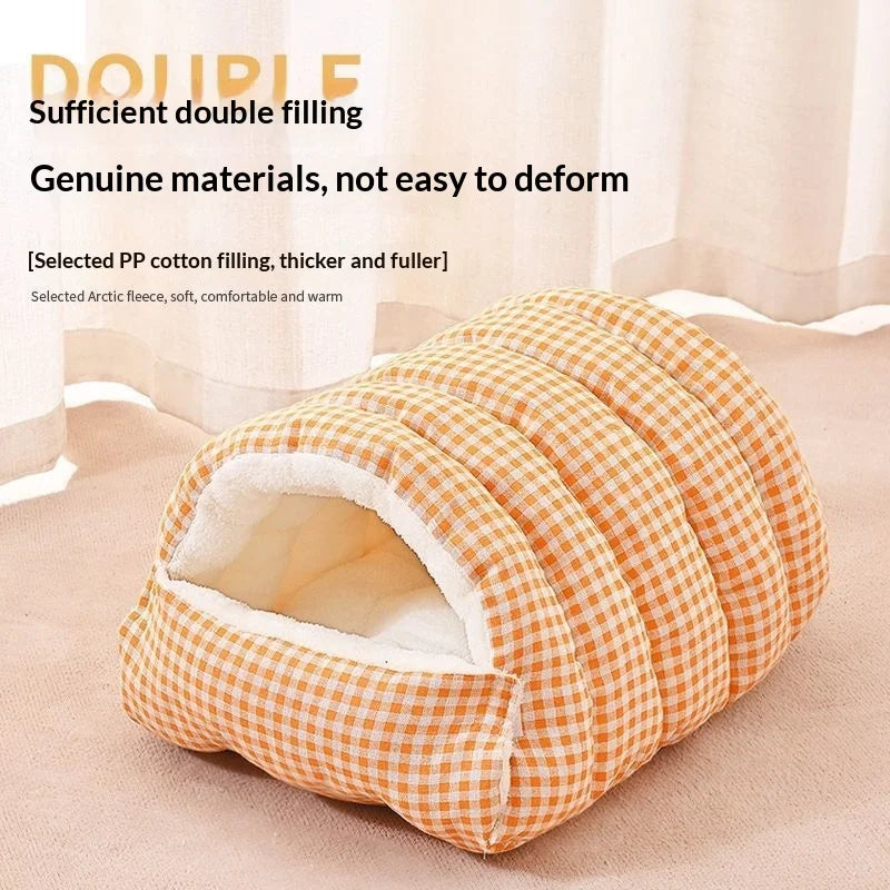 An orange checkered pet bed filled with sufficient double filling and featuring a plush fleece lining.