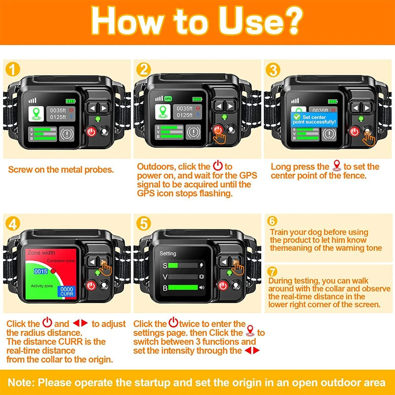 Instructions for using a GPS dog wireless fence training collar showing steps for setup and testing.