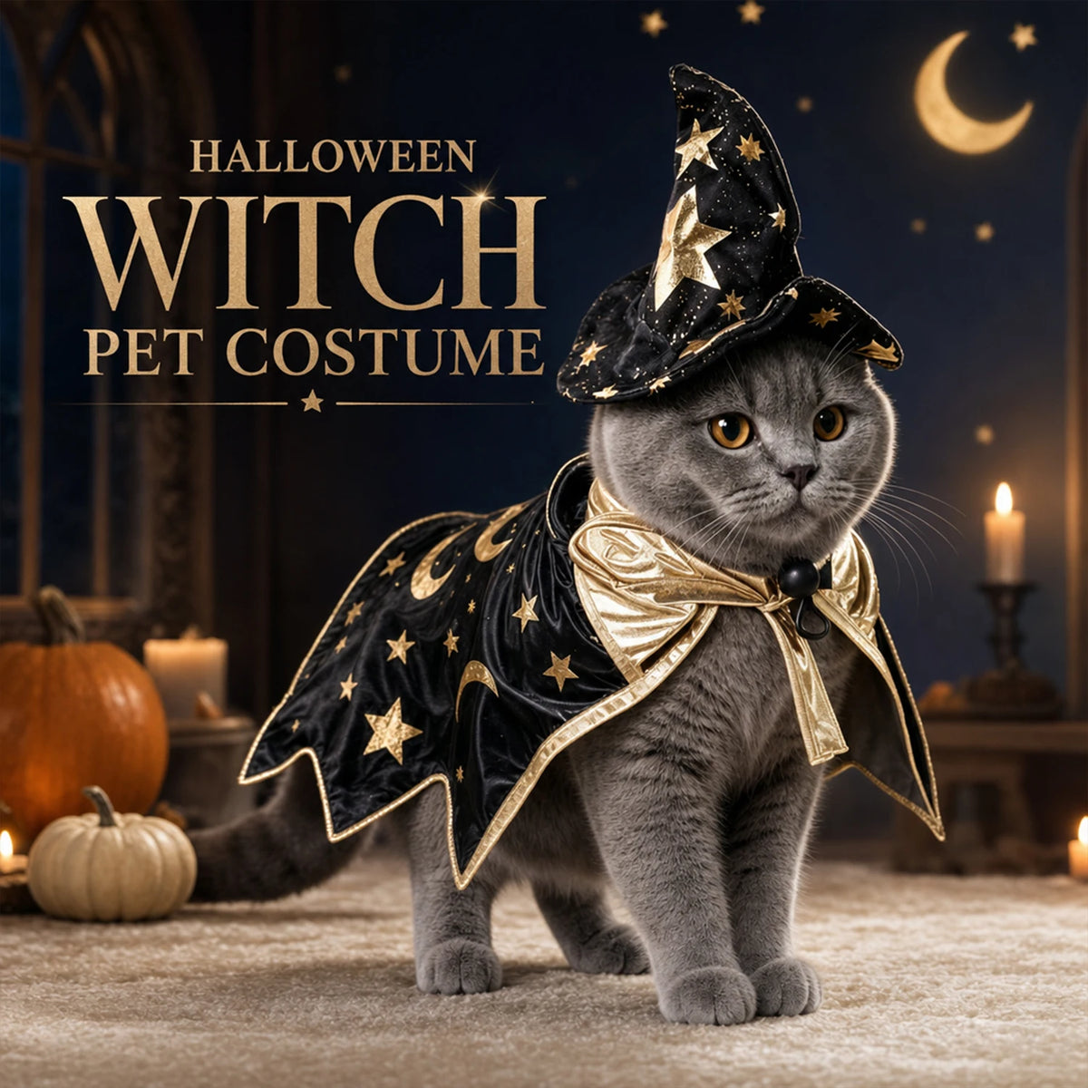 A gray cat wearing a black and gold witch costume with a pointed hat and cape, set against a dark Halloween background.