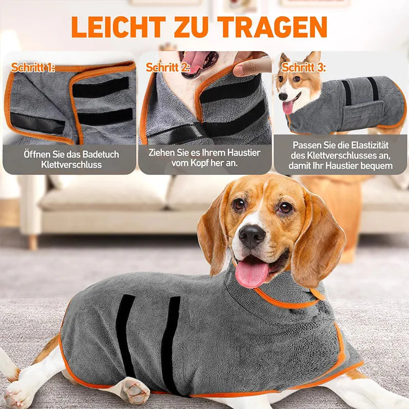 A dog wearing a gray and orange adjustable bathrobe, demonstrating how to put it on.