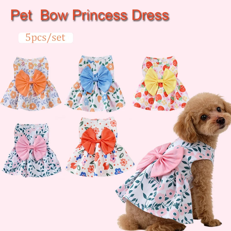 Five sets of pink, blue, orange, and yellow lace bow princess dresses for small pets