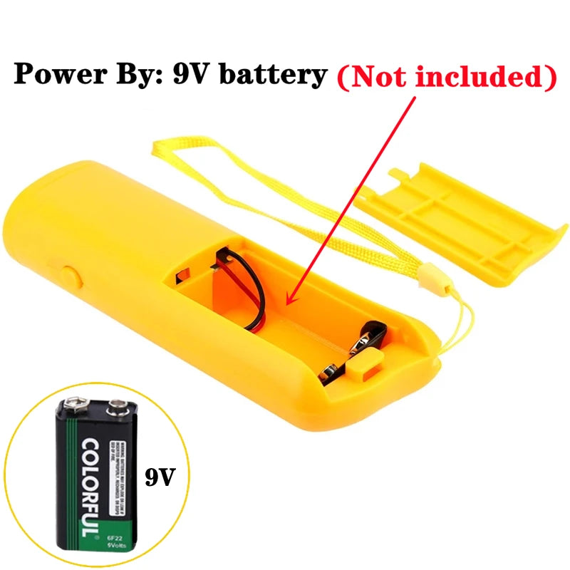 Geliches Ultraschall-Haustier-Abschreckgerät mit orangefarbenem Gehäuse und 9V-Batterie
