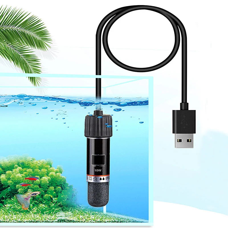 A black USB mini aquarium heater with a coiled wire is shown above a fish in a clear blue water environment.