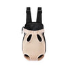 A beige breathable mesh pet carrier backpack for dogs and cats with black straps.