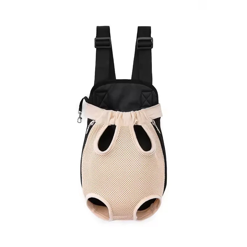 A beige breathable mesh pet carrier backpack for dogs and cats with black straps.