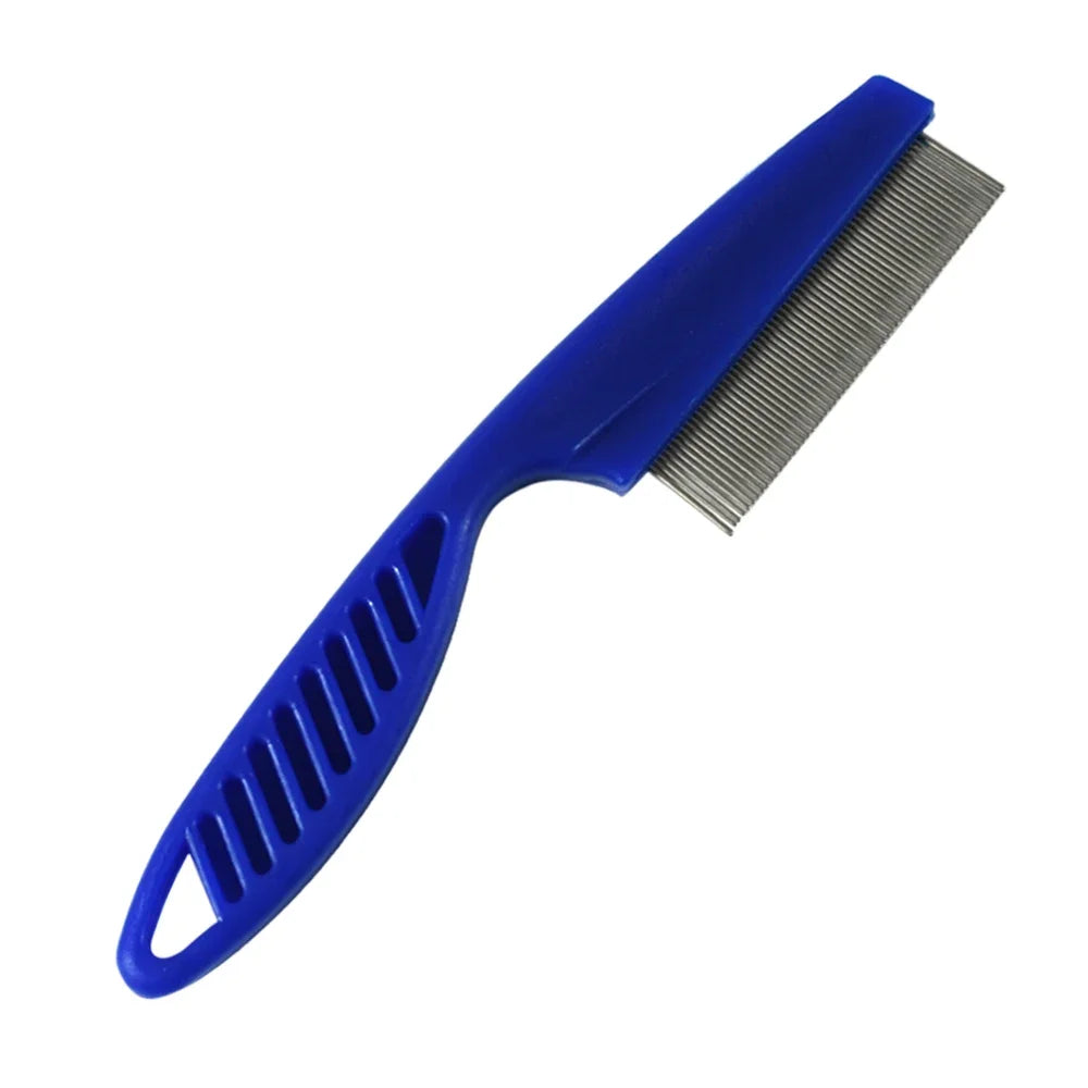 Blue stainless steel pet grooming comb with a flexible handle and fine teeth