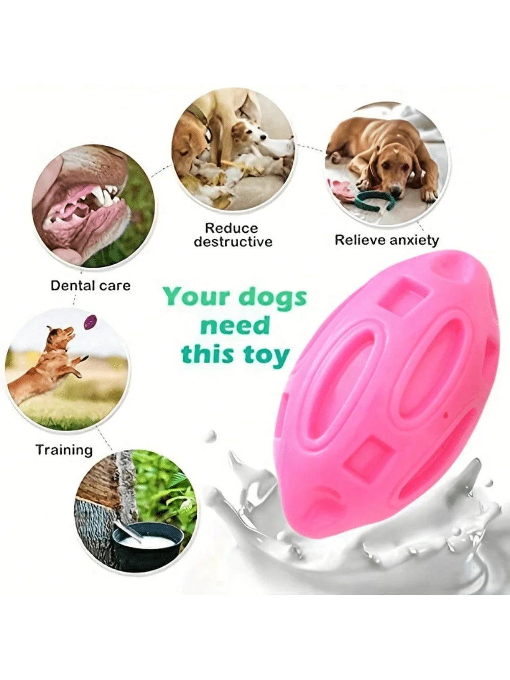 Pink indestructible squeaky rugby ball dog chew toy shown with benefits for dental care, training, and anxiety relief.