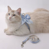 A fluffy light gray cat wearing a blue bowknot harness and leash set.