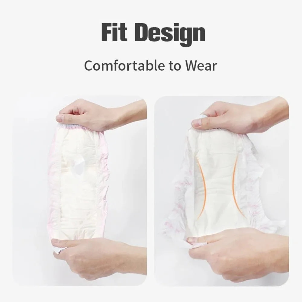 Hands holding a white disposable dog diaper designed for comfort to wear.