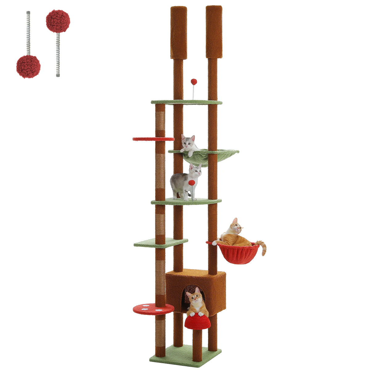 A tall wooden cat tree structure with multiple levels, including a hammock and a condo for cats.