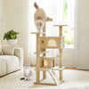 A multi-level cat tree with scratching posts and condos, featuring a fluffy orange kitten climbing the structure.