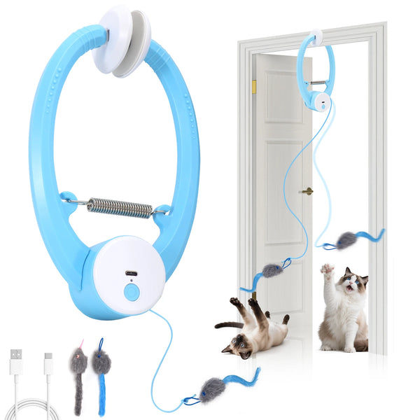 A blue automatic fluttering cat toy with a collar and string, shown next to a door and a cat.