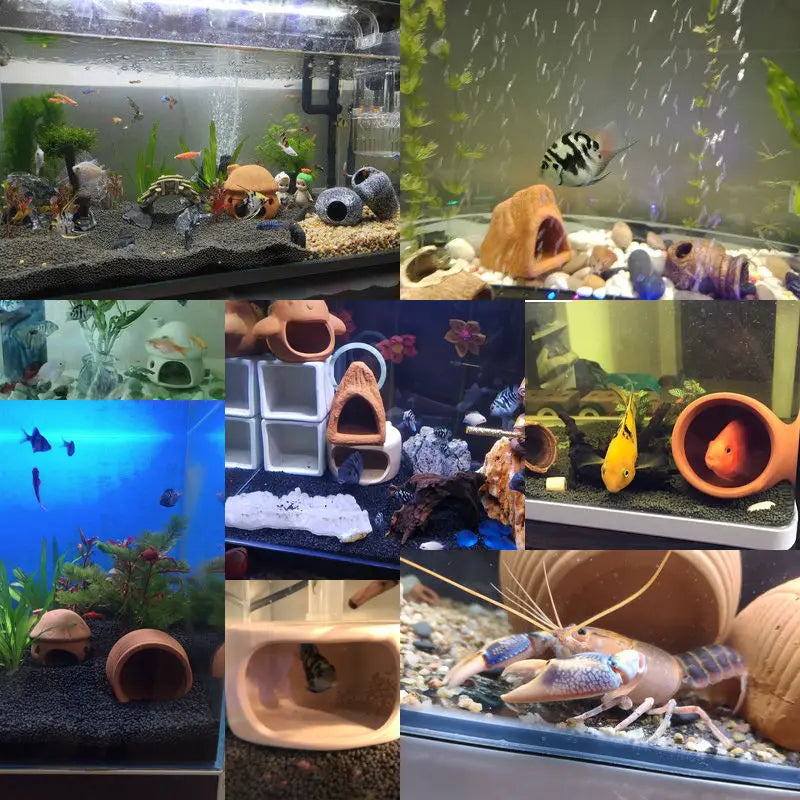 A collection of natural clay aquarium cave decorations for fish and shrimp, including various shapes and textures.
