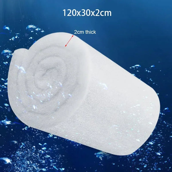 A white, cylindrical sponge filter with a spiral texture is shown against a dark blue background.