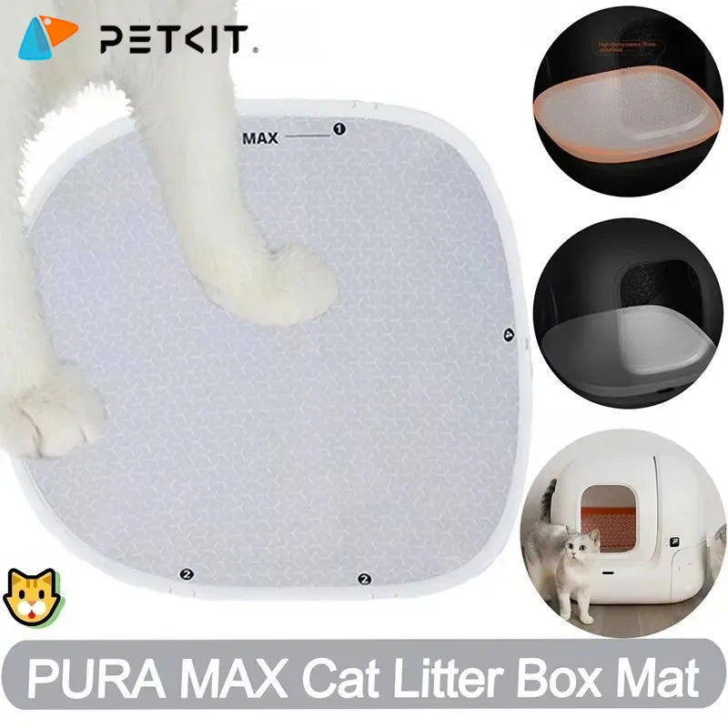 White PURA MAX cat litter box mat shown with a paw resting on it and separate components.