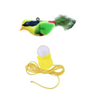A yellow and green bird-shaped toy with a fluffy tail attached to a yellow light bulb and wire.